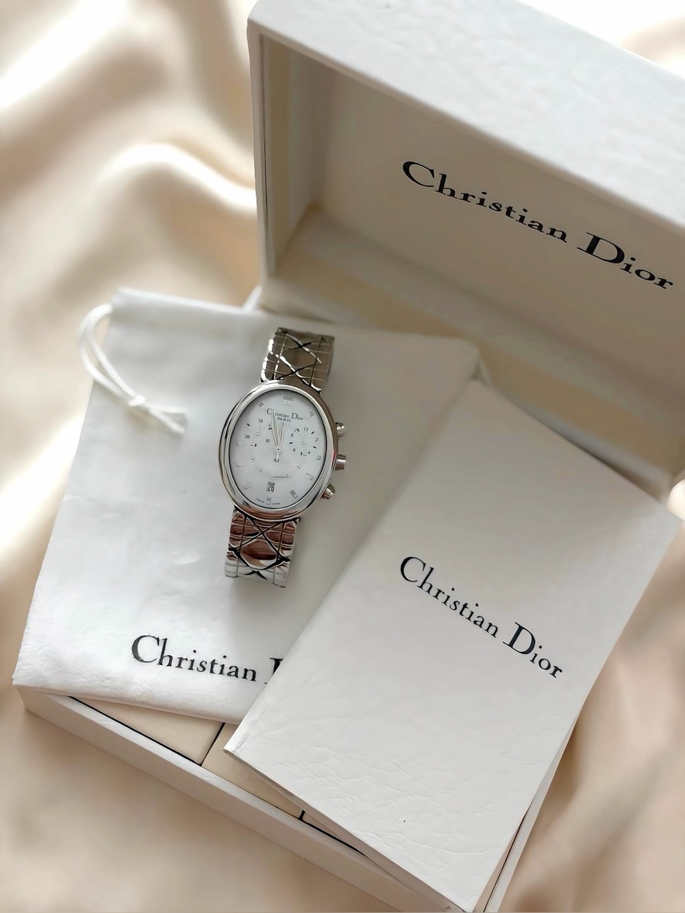 AUTHENTIC RARE VINTAGE DIOR MOTHER-OF-PEARL CHRONOGRAPH SILVER WATCH - WITH BOX
